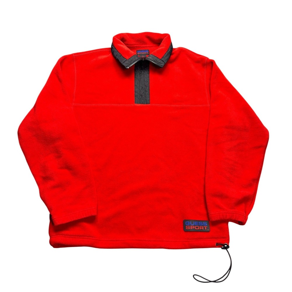 Vintage 90s Guess Sport Fleece Pullover Mens Medium Red 1/4 Snap Mock Neck